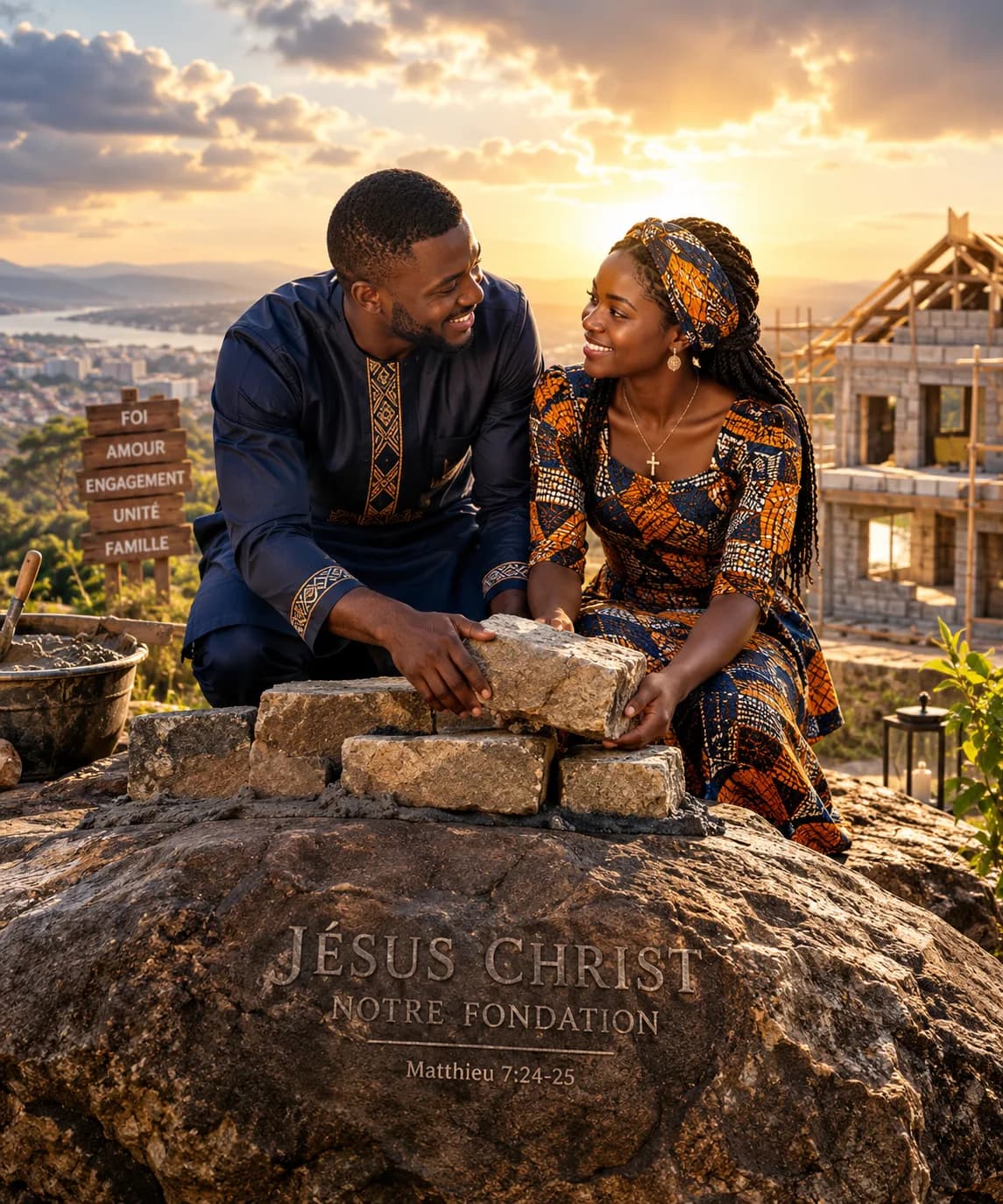 Un couple pose ensemble une pierre sur un rocher gravé « Jésus Christ, notre fondation », devant une maison en construction.
